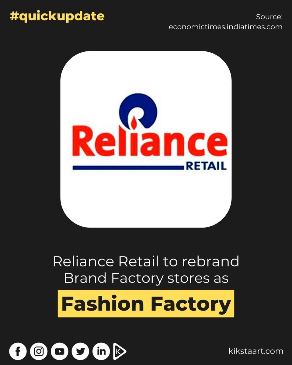 kikstaart's tweet image. Here's a quick update regarding Reliance Retail🤩
Reliance Retail to rebrand Brand Factory stores as Fashion Factory 🛍

Check out our website
kikstaart.com

#reliance #fashion #relianceretail #brandfactory #branding #brandingagency #digitalmarketingagency