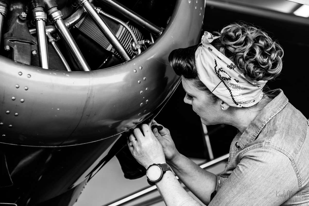 Modern day Rosie 🌹 Mechanic Crystal S. working on the 1937 Howard DGA at the Museum of Mountain Flying - Stevensville. 
#vintageairplane #howarddga11 #N17Y #rosie #rosietheriveter #pinupshoot #pinupstyle #aviationphotography #montana #museumofmountainflying #nikon #veteranartist