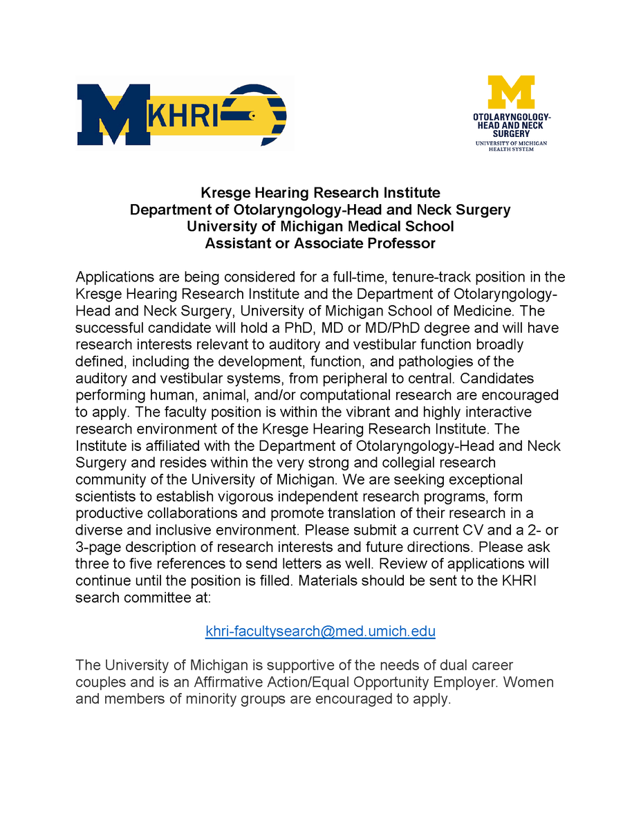 Faculty positions available at the Kresge Hearing Research Institute at <a href="/UMich/">University of Michigan</a>! Come join our innovative, growing, and supportive group of auditory and vestibular scientists. Details below. Feel free to email or DM me with questions. <a href="/UMichOto/">Michigan Otolaryngology</a> <a href="/AROMWM/">ARO</a> <a href="/spARO_news/">spARO</a>