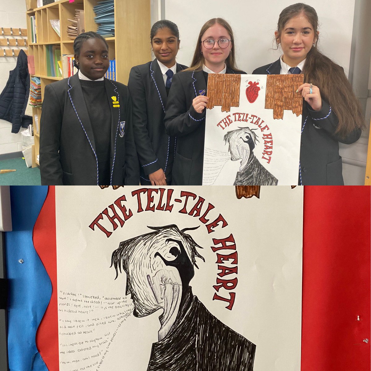 lisa_lisamotero's tweet photo. ‘The Tell-Tale Heart’ wall art produced by my marvellous Higher students. They are loving studying this grisly tale by Edgar Allan Poe. #loversofgothicliterature @StJohnsOfficial @StJohnsEng @STJLib https://t.co/tDgIW2VhHQ