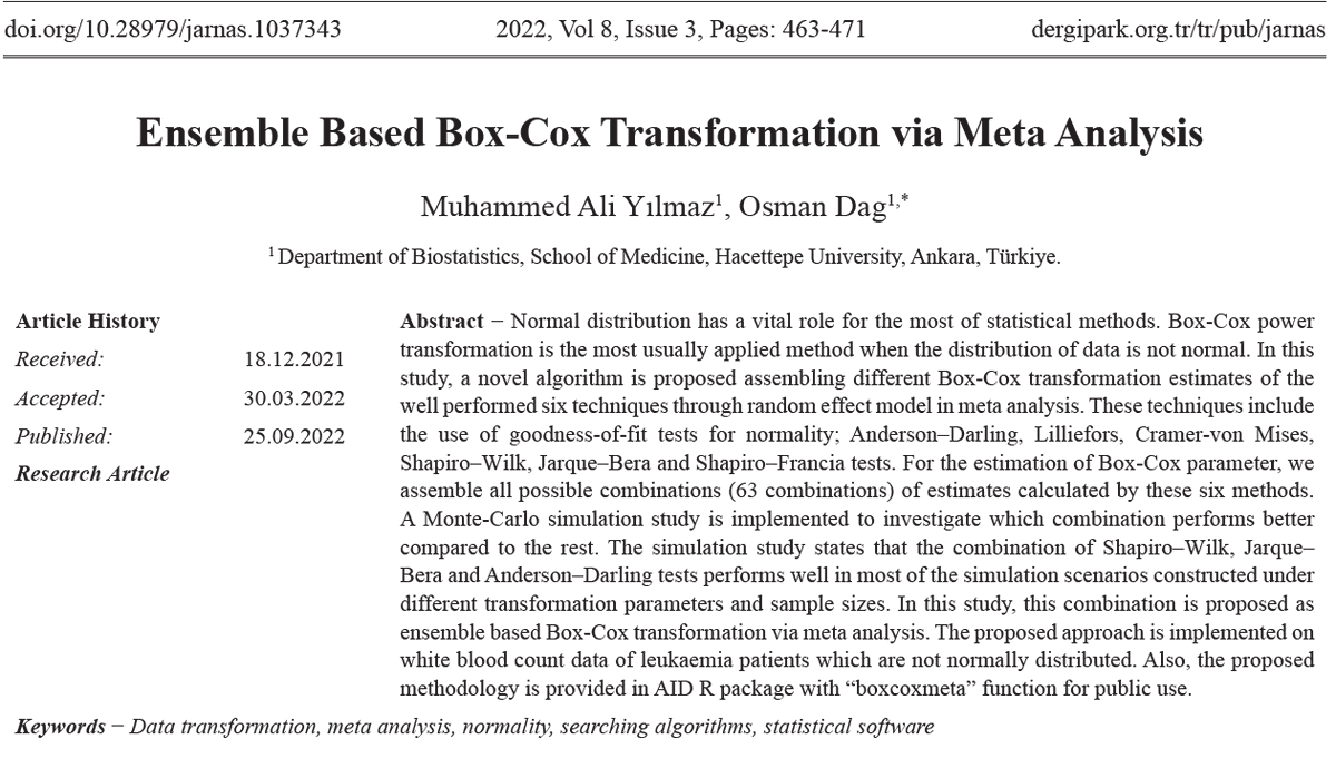 dr_osmandag's tweet photo. I'm pleased to share that our latest article "Ensemble Based Box-Cox Transformation via Meta Analysis" is published on Journal of Advanced Research in Natural and Applied Sciences.

https://t.co/2WkvPTRUEL

#datascience #rstats #statistics #biostatistics https://t.co/7tU9c0xO6z