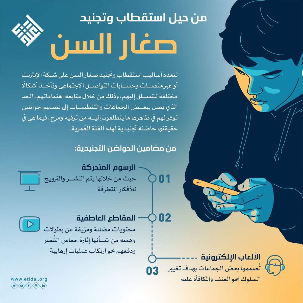 تتعدد مضامين حواضن استقطاب وتجنيد فئة صغار السن على شبكة الإنترنت، من خلال جذبهم عبر ألعاب إلكترونية خاصة أو مقاطع مرئية وصوتية حماسية مضللة تشجع على العنف والإرهاب، ما يتطلب تعاونًا مجتمعيًا مكثفًا في مكافحتها ورفع الوعي حيال مخاطرها
#اعتدال