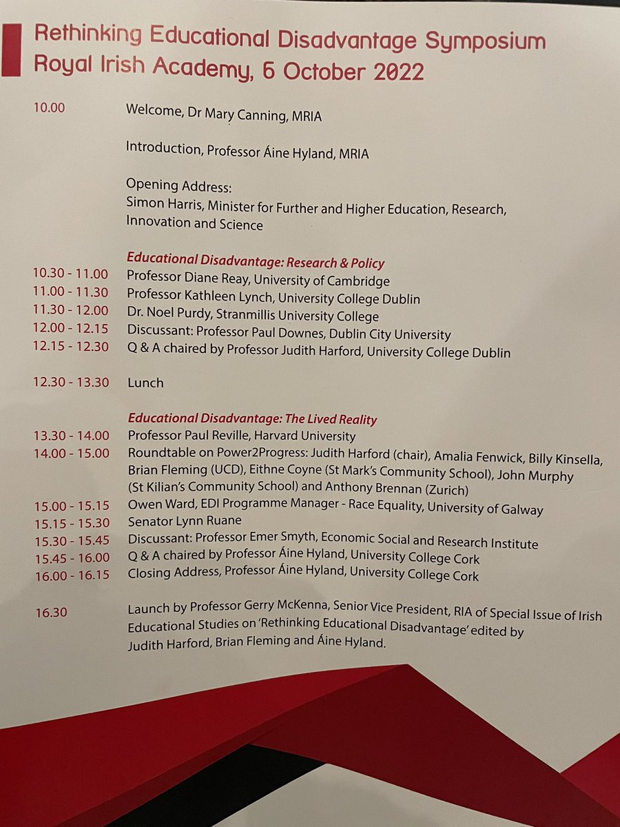 We are delighted to be in @RIAdawson today at the Rethinking Educational Disadvantage Symposium. Thank you to @ainehyland & @JudithHarford for organising. Wonderful lineup of speakers #Equity #EducationalDisadvantage #DEIS #Researched #edchatie