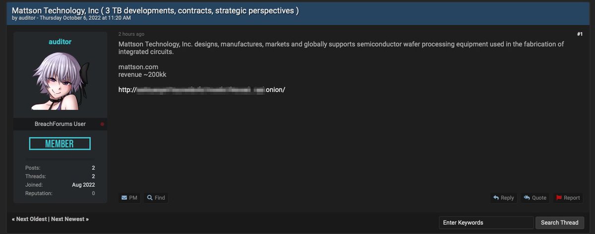 _venarix_'s tweet photo. An unknown individual(s) leaked 3TB of data allegedly belonging to #Mattson Technology, a US-based 🇺🇸 company that manufactures semiconductor wafer processing equipment... https://t.co/ehzAoUeabo
