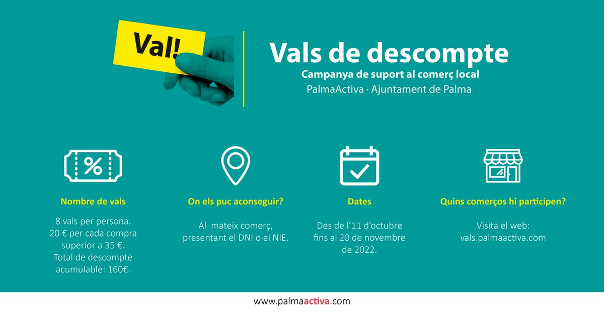 PalmaActiva's tweet photo. 🛍 💶 Dimarts 11 comença la campanya de vals de PalmaActiva per fomentar el consum en el comerç local. 

Us resumim les principals característiques de la campanya! https://t.co/xRKxIhfYBz