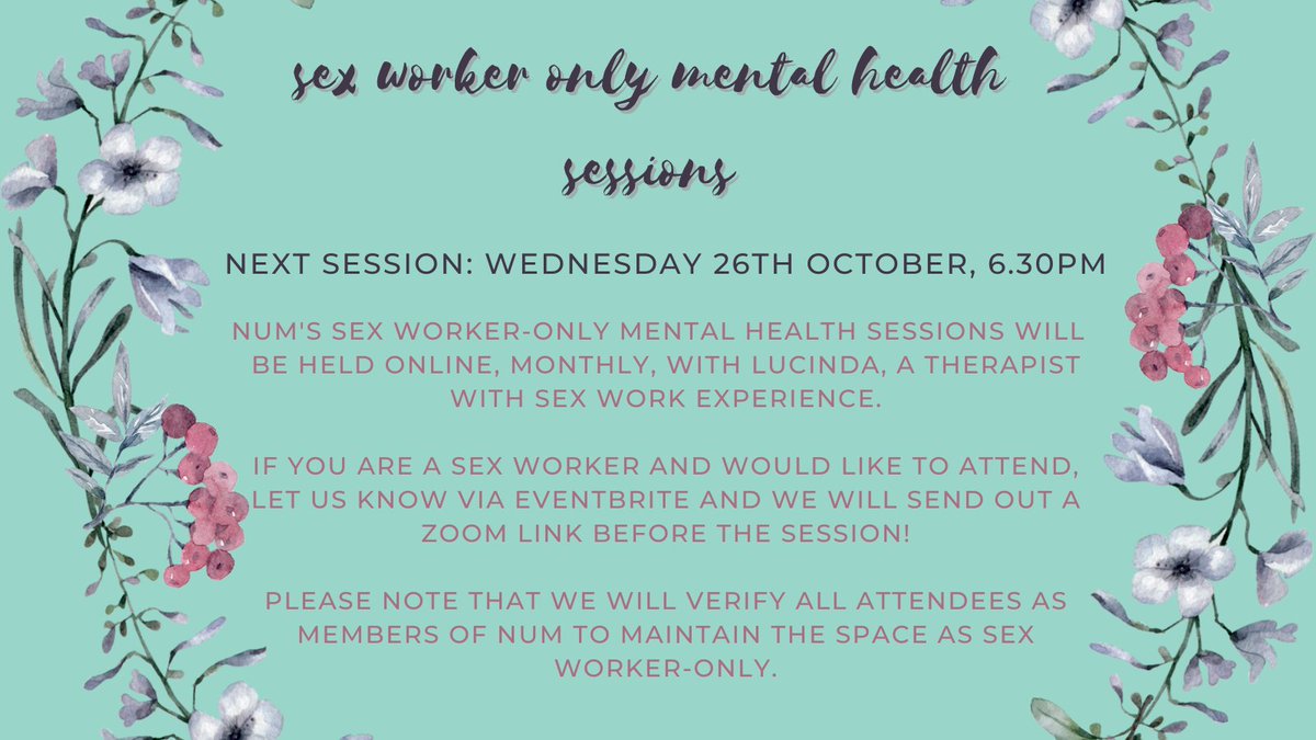 NationalUglyMug's tweet photo. Our next sex worker-only mental health support session will take place on Wednesday 26th October at 6.30pm!

Held by Lucinda from ESS Wellness, free and open to all NUM members.

Register to attend here! https://t.co/CZ3msG33Jw https://t.co/x6cTkFGBA1