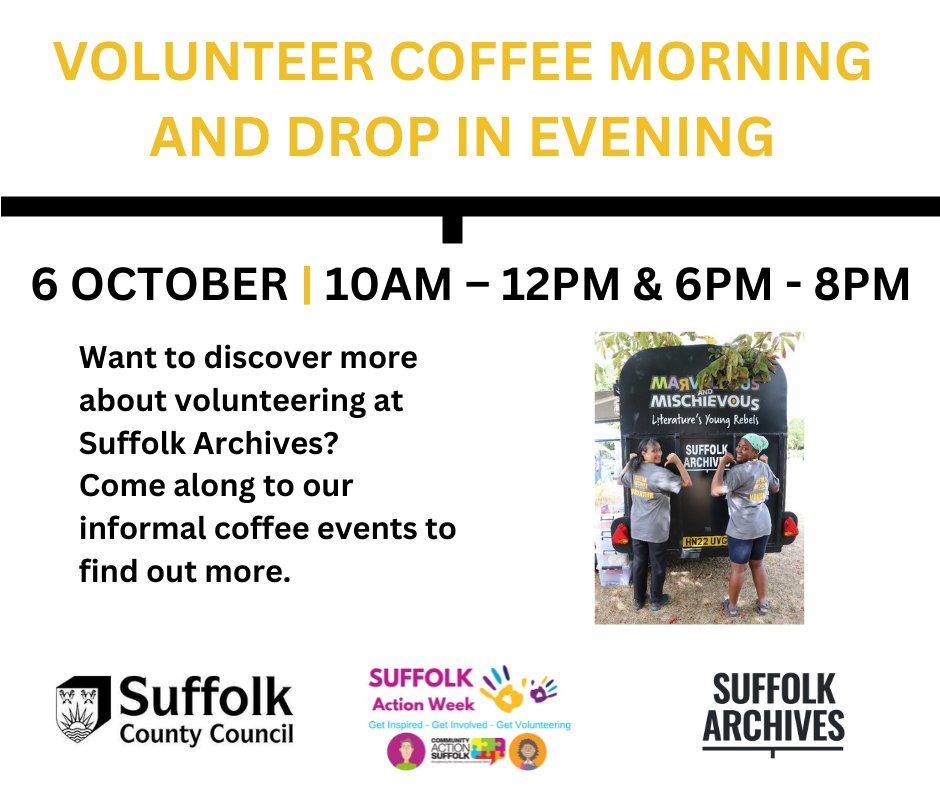 SuffolkArchives's tweet photo. It's Suffolk Action Week and as part of the events taking place all over the county, we are holding some volunteer information sessions at The Hold.  Come along and find out more.  It would be great to meet you.

#volunteering #suffolkactionweek #suffolkarchives https://t.co/qaCMTJSdIF