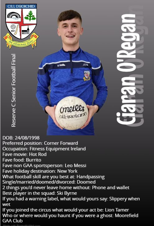 CelbridgeGAA's tweet photo. ** Senior Football Reserve C Final **
Meet our players ahead of Friday night's  final.

Best of Luck to Ciaran and to all the players and management against Moorefield.
#CillDroichidAbú 
🔵⚪️
Get your tickets here ⬇️⬇️
https://t.co/gmu7Tmo9un https://t.co/H8hnJD796T