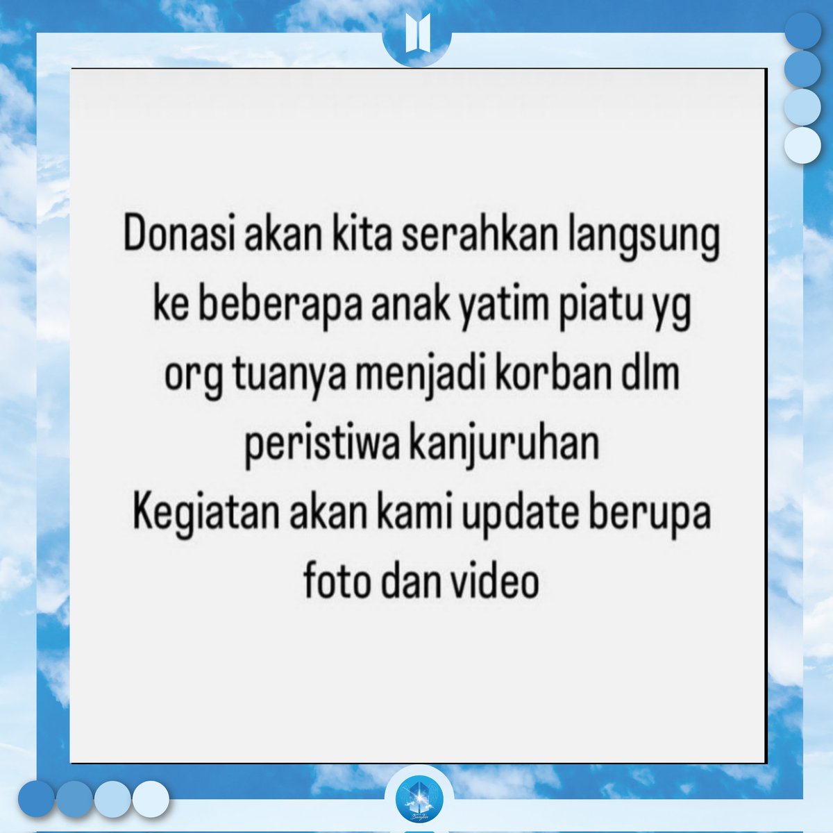 Wingsofbangtan_'s tweet photo. [CHARITY]

Jimin birthday project for Kanjuruhan 

Halo ARMY, utk merayakan hari ulang tahun JIMIN mari kita saling membantu sesama untuk korban kanjuruhan dengan cara berdonasi kepada anak yatim piatu yang orang tuanya menjadi korban Kanjuruhan https://t.co/WrYImjyF81
