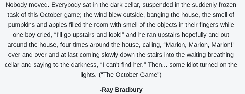 AndiMarchal's tweet photo. "Marion, Marion, Marion..."
#RayBradbury
#TheOctoberGame
#October 
#Fall 
#OctoberQuotes 
#Literature 
#Halloween https://t.co/KbuTXsdIrZ