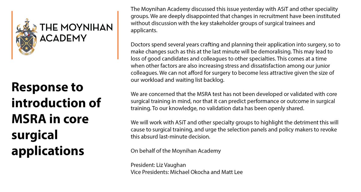 Our statement on the introduction of the MSRA in CST applications @RCSEd @rcpsglasgow @RCSI_Irl @RCSnews @ASiTofficial @roux_group @Dukes_Club @herricksociety @RouleauxClub @bota_uk @PLASTAUK @socialmediaAOT @TheMammaryFold1 @SocSARS @SurgOncTA @JCST_Surgery
