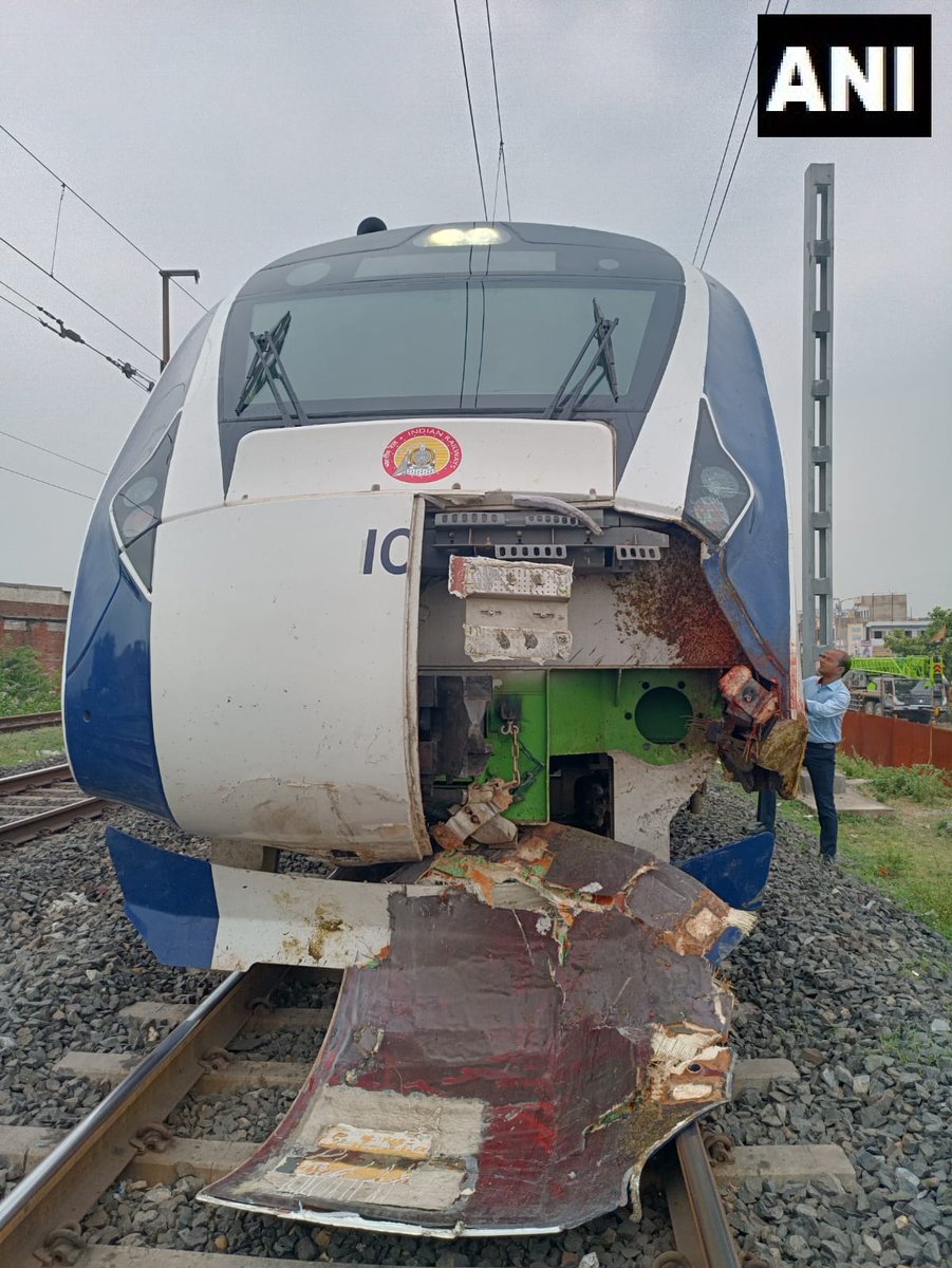 Vande Bharat Express running b/w Mumbai Central to Gurajat's Gandhinagar met with an accident after a herd of buffaloes came on the railway line at around 11.15am b/w Vatva station to Maninagar. The accident damaged the front part of the engine: Western Railway Sr PRO, JK Jayant