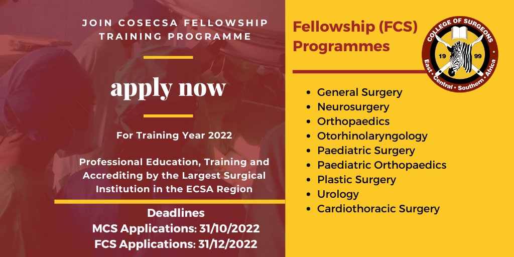 The call for applications to join @cosecsa training programme in surgery (Membership & Fellowship) for 2023 training year is still open. Please click the link below to apply today! Apply through: bit.ly/3RLwgGi