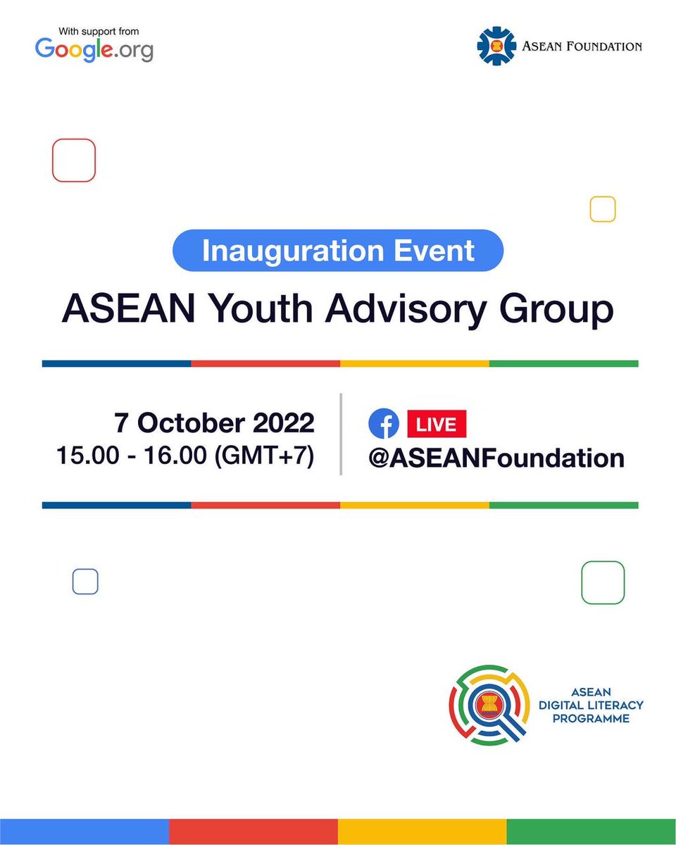 aseancoci's tweet photo. ‼️Tomorrow ‼️
Organised by the @aseanfoundation, with support from https://t.co/tgwBlujXar and the United States, we're excited to invite you to the livestream of Inauguration Event of the ASEAN Youth Advisory Group.
#ASEANDLP #BeASEAN #WeAreASEAN #digitalliteracy https://t.co/DSJHkEo3at