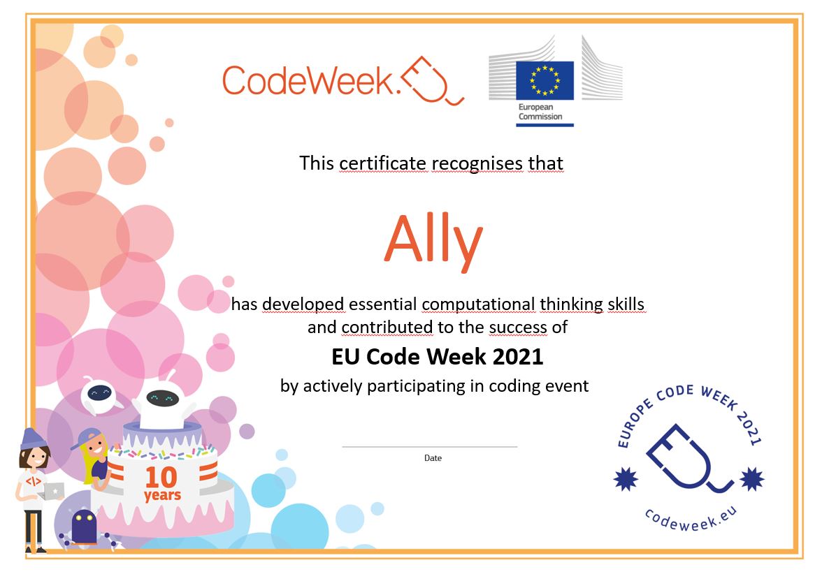 CodeWeekEU's tweet image. Are you up for the #CodeWeek4Allchallenge?
To win a Certificate of Excellence, link activities from 10 organisers or 3 countries. It’s easier than it sounds. Activities can be organised by friends, colleagues or family. 
Find out more👉 codeweek.eu/codeweek4all