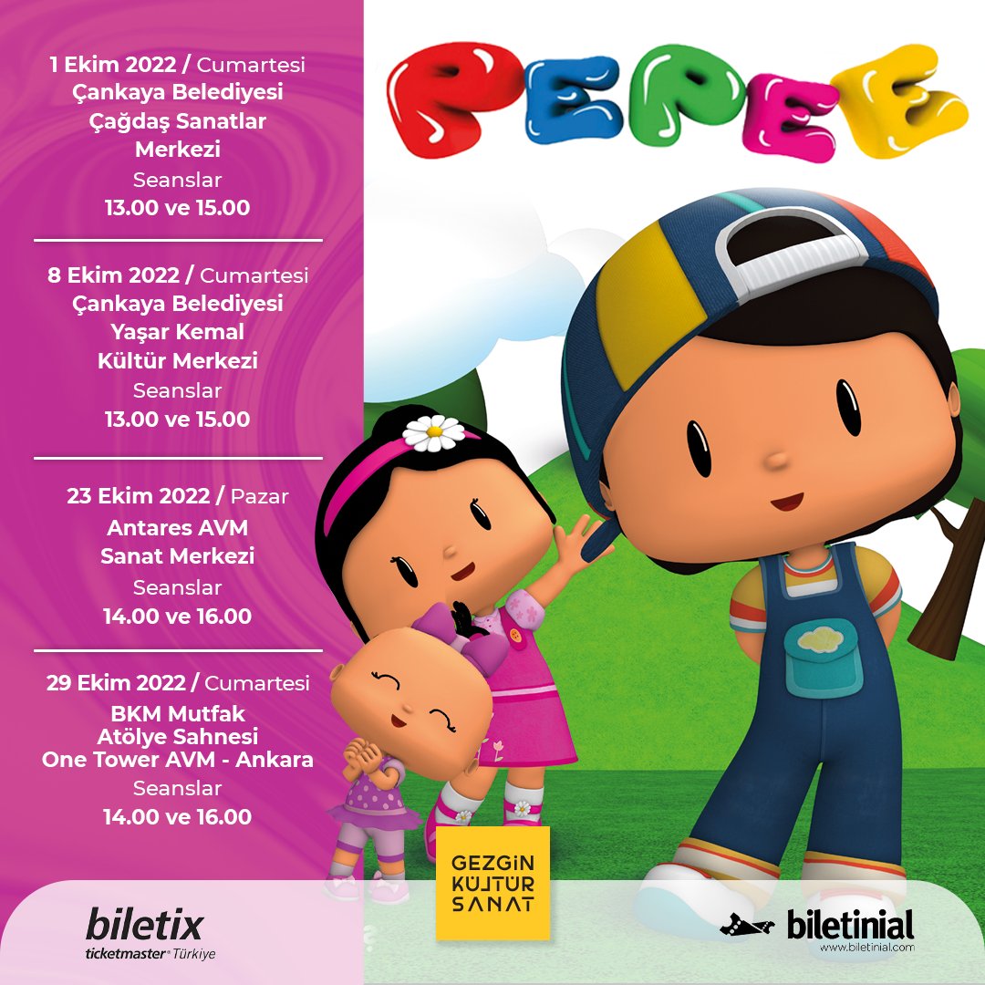 Çocukların sevgilsi, Türkiye'nin ilk çizgi kahramanı <a href="/pepee/">Pepee</a> , maceradan maceraya koştuğu, heyecan ve eğlence dozu yüksek yeni gösterisiyle Ankaralı çocuklarla buluşuyor.

Minik kalpleri fethedecek bu özel etkinliğin biletleri <a href="/biletinial/">Biletinial</a> ve <a href="/biletix/">Biletix</a>'te sizleri bekliyor..
<a href="/pepee/">Pepee</a>