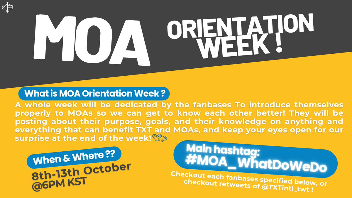 TXTintl_twt's tweet photo. 📢| Introducing, MOA ORIENTATION WEEK!

Where #TXT fanbases will be reintroducing themselves so we can all get to know each other more and expand our knowledge on fandom work + a surprise at the end 👀

Check the schedule below:
#TOMORROW_X_TOGETHER 
@TXT_members @TXT_bighit https://t.co/M4S8cQLcpP