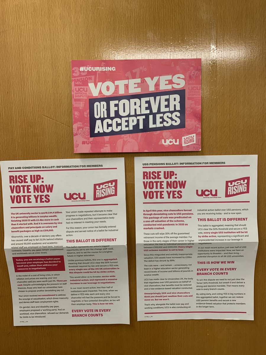 I voted yes yes yes yes in the @ucu pay & conditions & pensions ballots @UM_UCU posted from a rainy Manchester yesterday Office door now decorated so students know why I’ve voted for strike action unless employers negotiate pronto #ucuRISING #EnoughIsEnough #JoinAUnion