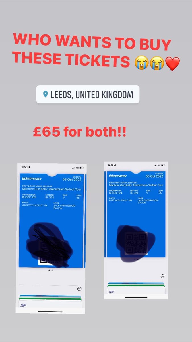 Anonymous_Amz's tweet photo. Selling my tickets for MGK tonight at Leeds first direct #machinegunkelly #tour #tickets #whoneeds @machinegunkelly r by https://t.co/3QtzKn9auI