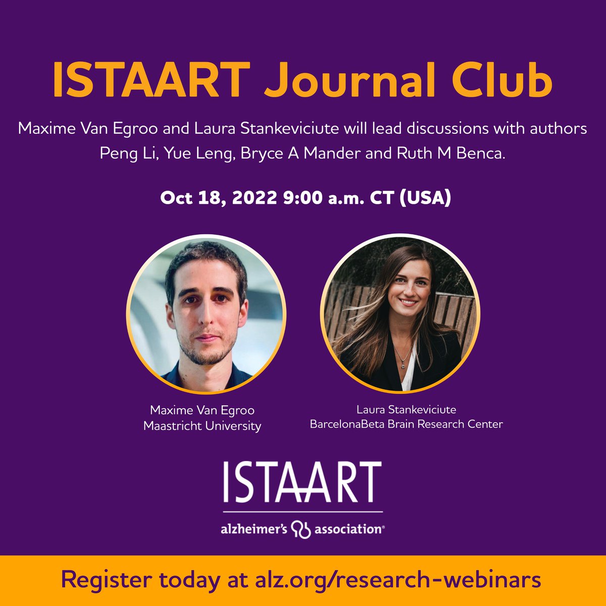 Mark your calendars for the next @ISTAART #SleepPIA Journal Club!🗓️Tuesday, Oct. 18th (9 to 10 am Central Time) @DrMVanEgroo and @Laura_Sofia_S will discuss two recent papers by Peng Li, @YueLengsleep, @BryceMander and Ruth Benca🧠💤 Register here: alz-org.zoom.us/webinar/regist…