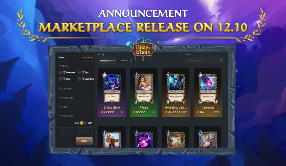 ⚡️✨We are happy to announce that Marketplace release will happen next Wednesday (12.10 at 12pm UTC time) ✨⚡️

Acquire the most powerful and rare Tales of Chain cards. 🎴⚔️

Stay tuned!  #TALE #Marketplace #P2E #TalesOfChain