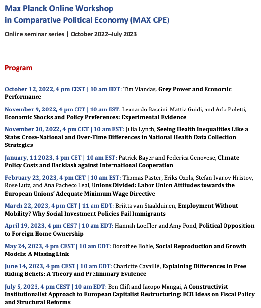 📢We are super excited about another amazing line-up of speakers for the next version of the Max Planck Online Workshop in Comparative Political Economy #MAXCPE 

Sign up to our mailing list to receive Zoom invites and paper drafts. Everyone is welcome!

mpifg.de/1030945/curren…