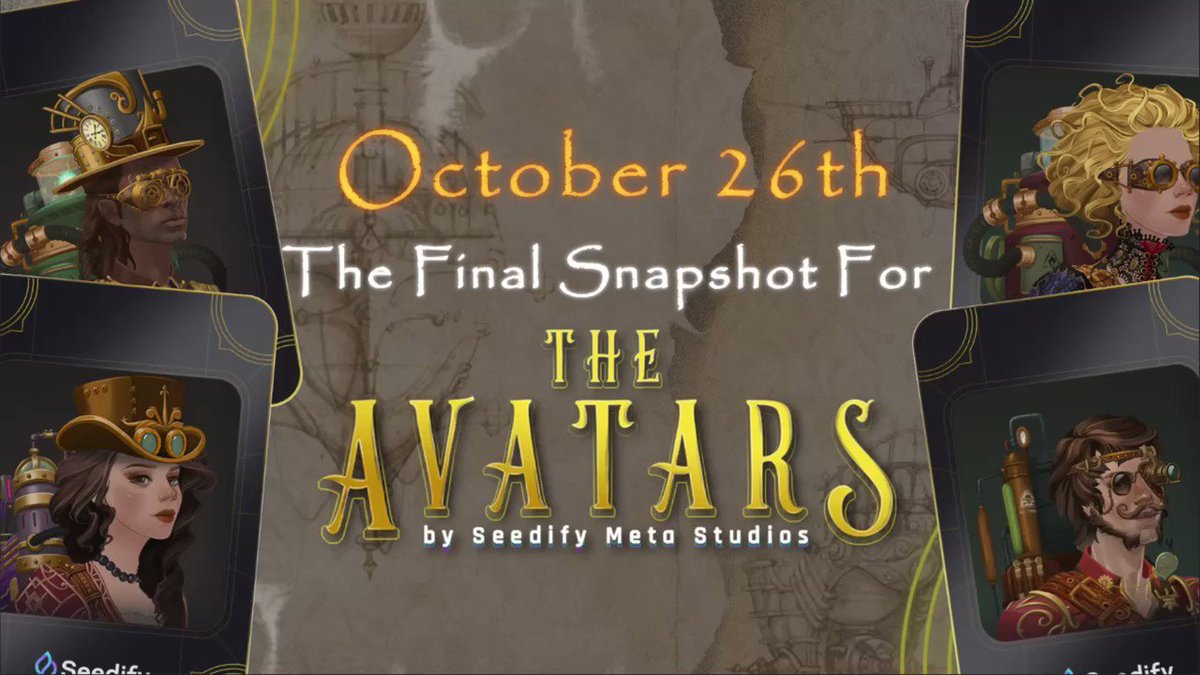 Jarods5050's tweet photo. Coming soon this Oct 26

The final snapshot for
T H E  A V A T A R S 🔥🔥🔥

Eligibility:
💥 Stake 500K $SNFTS 
or 
💥 Farm 250K with the $SFUND pair

Join the snapshot for a shot at a #whitelist spot 🎉

@SeedifyFund #Uptober https://t.co/RsOc5zwPy5