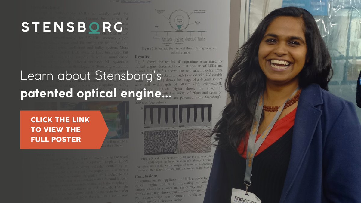 Stensborg's tweet image. At the @MNE_eurosensors conference, we presented the patented #OpticalEngine.

Read our poster to learn how this #Innovation, present in the #R2P NanoImprinter enables better production of various applications in #SolarEnergy, #Photonics, &amp;amp; #Biotech - bit.ly/3Sokku1.