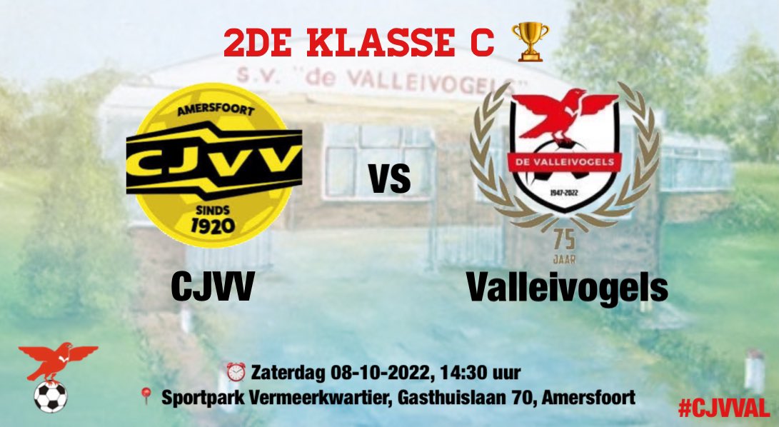 COMPETITIE ⚽️ | Aanstaande zaterdag speelronde 3 in de 2de klasse C. We gaan in Amersfoort op bezoek bij <a href="/CjvvA/">CJVV Amersfoort</a> 🔴⚪️

⏰ 14:30 uur
🏟 Sportpark Vermeerkwartier
📍 Amersfoort
🏆 2de klasse C; Speelronde 3

Scheidsrechter: Dhr. A.D.O. Wolff