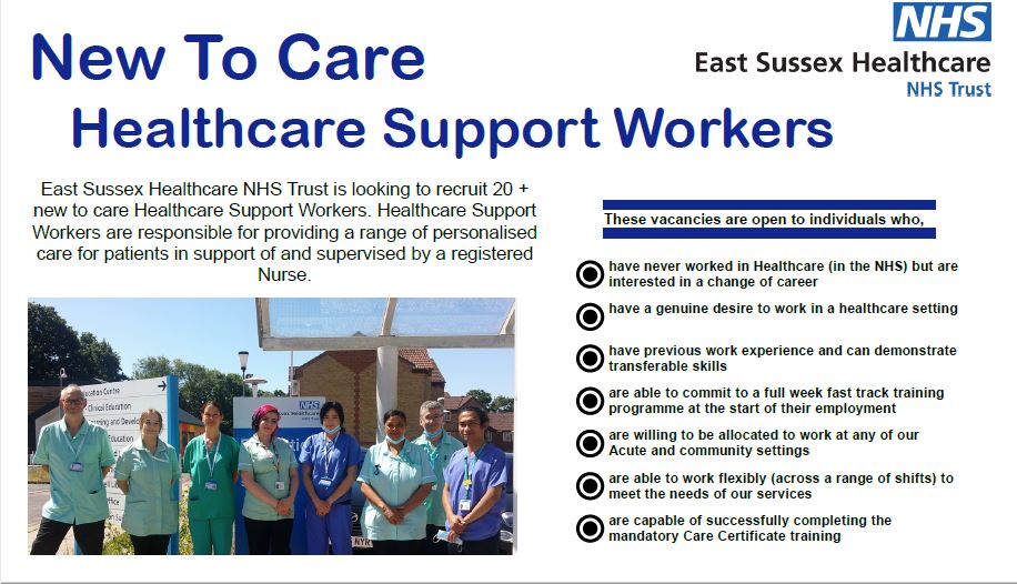 Come and join our fantastic team of New to Care Healthcare support workers! You will receive all the support you need to start your new career in Care.  Apply here ---&gt;&gt;&gt; jobs.esht.nhs.uk/job/v4650800