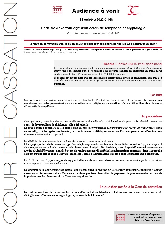 Courdecassation's tweet photo. 🏛️[Audience à venir] Vendredi 14 octobre, à 14h. 
Le refus de communiquer le code de déverrouillage d’un téléphone portable peut-il constituer un délit ? 
Pour comprendre les enjeux juridiques de cette audience >> https://t.co/OzDwPtN88j https://t.co/jtE0BdJhhz