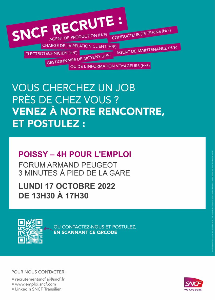 LIGNEL_sncf's tweet photo. Vous êtes à la recherche d'un emploi ? SNCF recrute 🧐

🗓️Le lundi 17 octobre se tiendra les 4 heures de l'emploi à @villepoissy

📍 Forum Armand-Peugeot Poissy

📧 N'hésitez pas à nous contacter par mail : recrutementsncflaj@sncf.fr

#RecrutemenSncfLAJ https://t.co/GFu58AeZpR