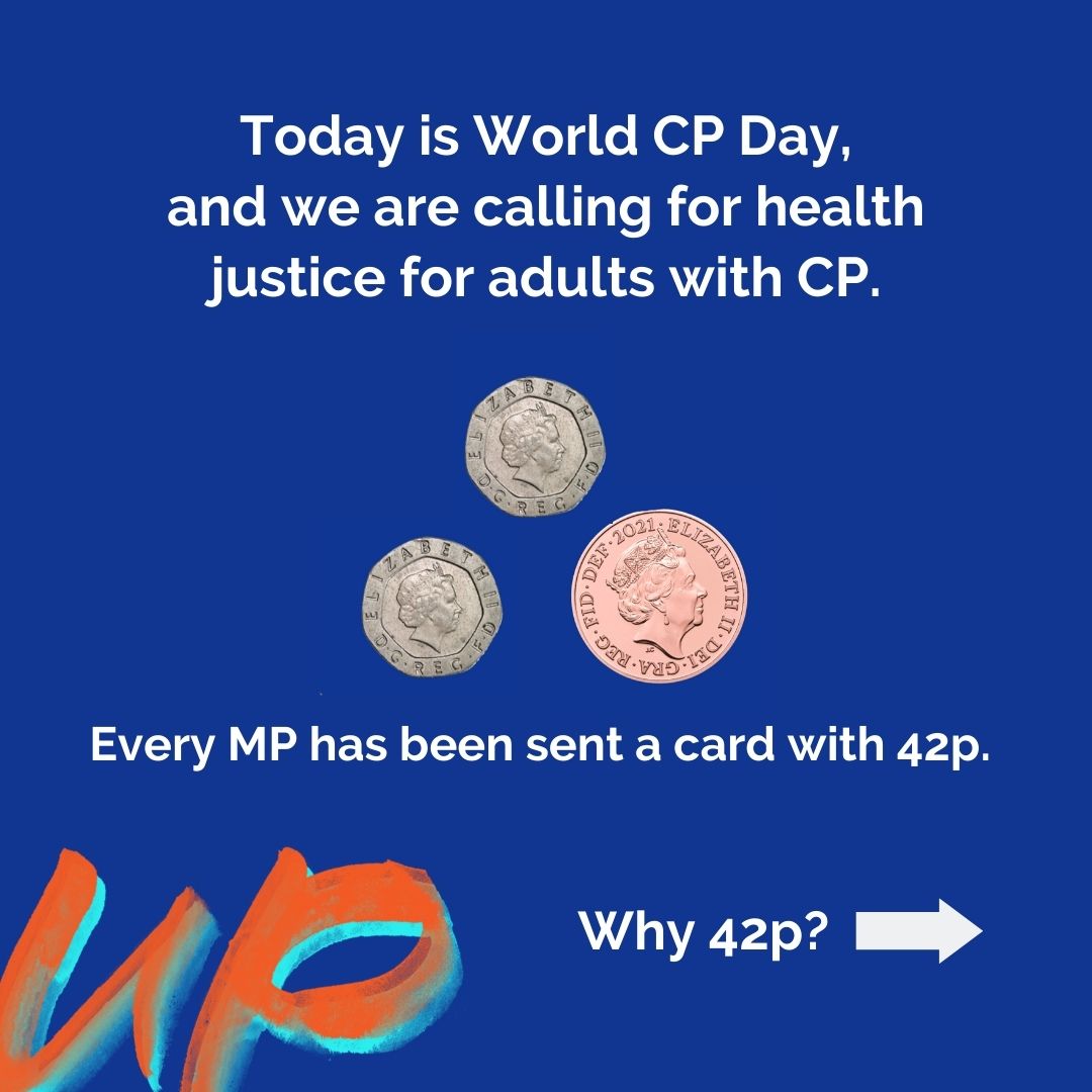 upmovement_cp's tweet photo. Today is World Cerebral Palsy Day 📣

We are calling on the government to provide proper healthcare for adults with CP.

Every MP has been sent a card with 42p, to emphasise that health justice for our community only costs 42p per day, per adult with CP.

#42pCampaign #WorldCPDay https://t.co/Usxw5UYclj