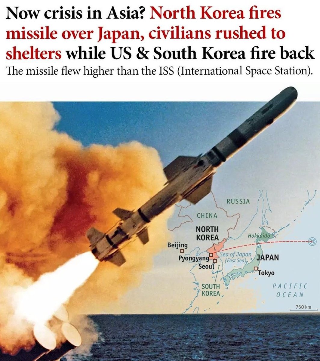 Now crisis in Asia? North Korea fires missile over Japan, civilians rushed to shelters while US &amp; South Korea fire back The missile flew higher than the ISS (International Space Station).#Japan #NorthKorea #SouthKorea #Korea #Korean #US #Asia #Missile #Ballistic #Attack  #Fire