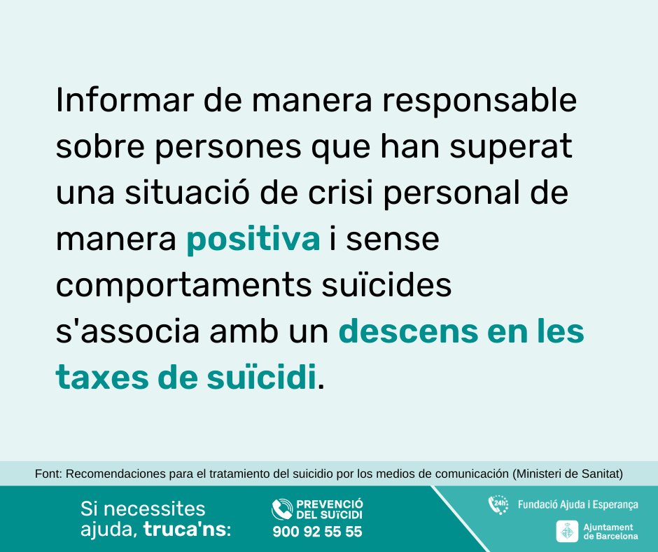 TPrevSuicidi's tweet photo. Abans els mitjans no mencionaven els suïcidis per por a “l’efecte crida”, però cada cop hi ha més consens que la publicació d’informació responsable és un suport en la prevenció del #suïcidi.

Però no només els mitjans, tots/es podem col·laborar per generar l'#EfectePapageno. https://t.co/Rr2bdK5W3w