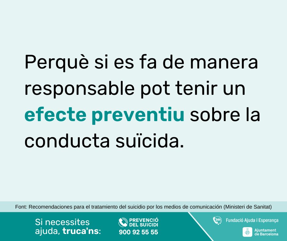 TPrevSuicidi's tweet photo. Abans els mitjans no mencionaven els suïcidis per por a “l’efecte crida”, però cada cop hi ha més consens que la publicació d’informació responsable és un suport en la prevenció del #suïcidi.

Però no només els mitjans, tots/es podem col·laborar per generar l'#EfectePapageno. https://t.co/Rr2bdK5W3w