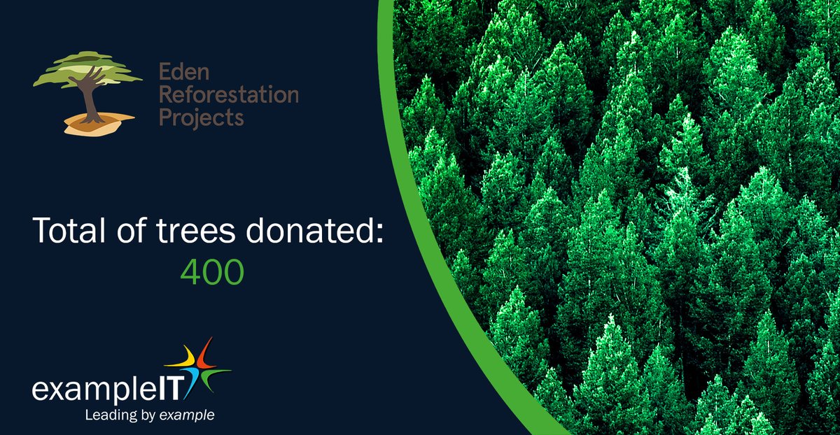 ExampleIT's tweet image. As a part of our new sustainability program, we are donating trees each month in association with Eden Reforestation Projects
So far, 2 months down, 400 trees donated!  
To learn more email, us at: technologyboard@exampleit.com 
#ExampleIT #Sustainability #EdenReforestation