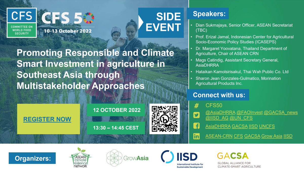 IISD_AG's tweet photo. 📌 #SaveTheDate
🗓️ Wed 12 October 2022
🕒 13:30-14:45 CEST

Join us next week and learn about ASEAN guidelines and how they are promoting more responsible and #climate smart investments in #agriculture and #FoodSystems in #SoutheastAsia.
 
Register now 👉 https://t.co/tMn9fmMcKP https://t.co/GYX846kvrc