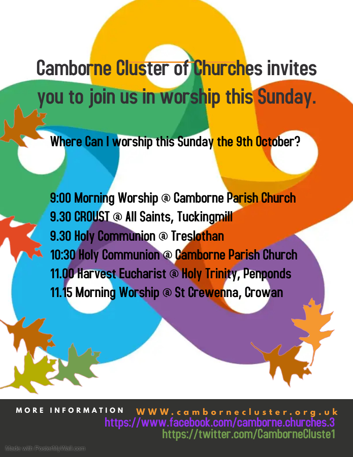 CamborneCluste1's tweet photo. Where Can I worship this Sunday the 9th October?
All 5 of our churches warmly invite you to join them, from Harvest to Croust! #cambornecluster #sundayworship #croust #harvest #youarealwayswelcome https://t.co/1YBvzjAEaP
