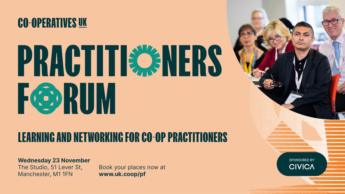 Practitioners Forum is our biggest training & development event with around 20 sessions over 1 great day in Manchester on 23 Nov. It's also a super networking event featuring #coops like @UnicornGrocery, @PeopleRetrofit, @coopuk, @CStarCoop & many more. 👉 ow.ly/FEkX50KOXeZ