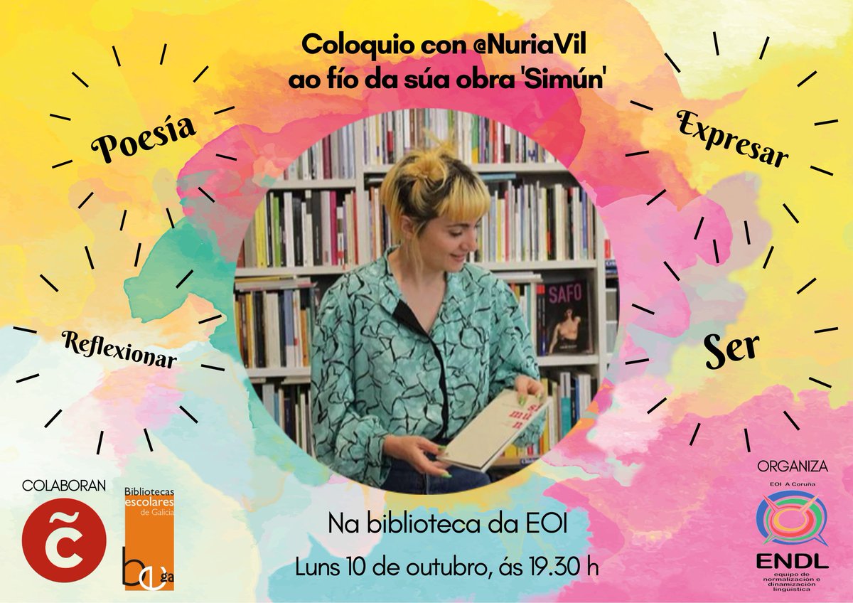 Estamos ás portas do primeiro feriado do curso, mais á volta, o luns 10, tes unha cita con <a href="/nuriavil2/">Nuria Vil 🎠 🌈 ela/eli</a> na nosa <a href="/bibliotecaeoic1/">bibliotecaeoicoruna</a>
Non perdas esta oportunidade para conversarmos sobre poesía: expresar, vencer medos e barreiras, construír identidade, liberarse...
Agardamos por ti!