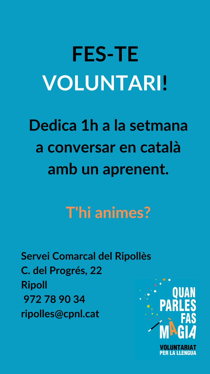 Si vius a #Ripoll, #Camprodon, #Molló, #Setcases, #SantJoandelesAbadesses o #RibesdeFreser et necessitem! Fes-te voluntari! Si tens 1 h/setmana no t'ho pensis més.
📧: ripolles@cpnl.cat