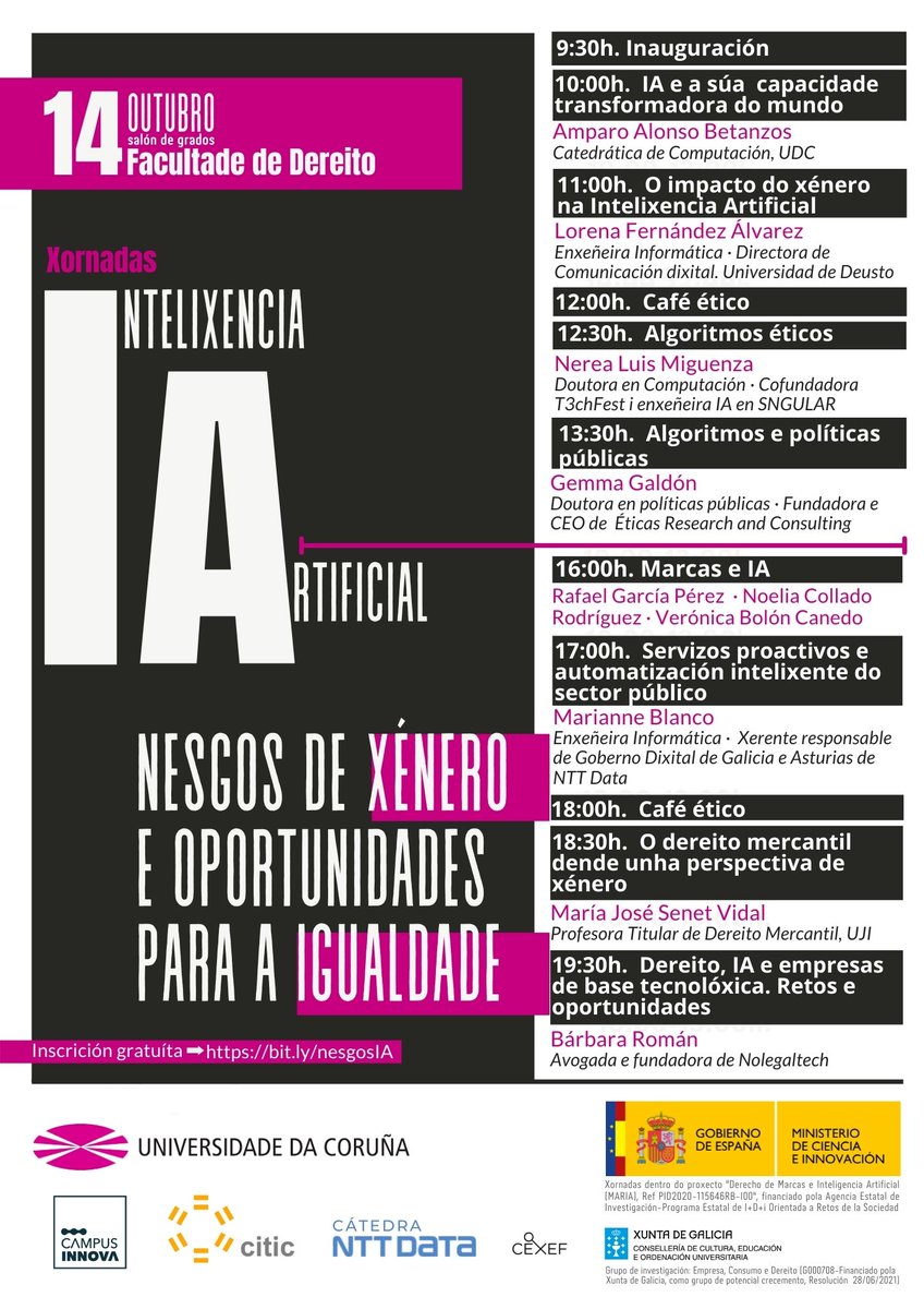 FIC_UDC's tweet photo. Amparo Alonso y Verónica Bolón participarán como ponentes en las jornadas del día 14 de octubre sobre "Inteligencia Artificial. Sesgos de género y oportunidades para la igualdad". 

Las jornadas están coorganizadas por Laura Morán. 

Docentes de la #familiaFIC en #IA_UDC 💪🔥 https://t.co/toL8rJfQb3