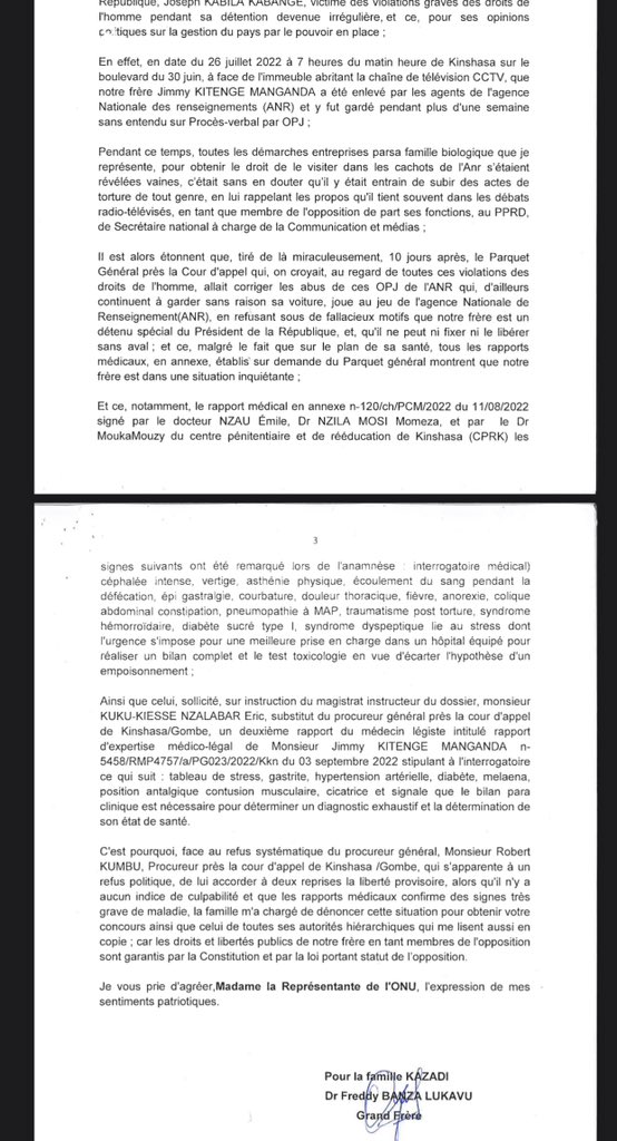 #RDC: La santé de l’opposant Jimmy Kitenge se détériore dans la prison centrale de Makala. Sa famille biologique vient de saisir BINTU KEITA,Représentante de l’ONU en RDC suite à la dégradation de l’état de santé de leur frère et SN en charge de la communication et médias du PPRD