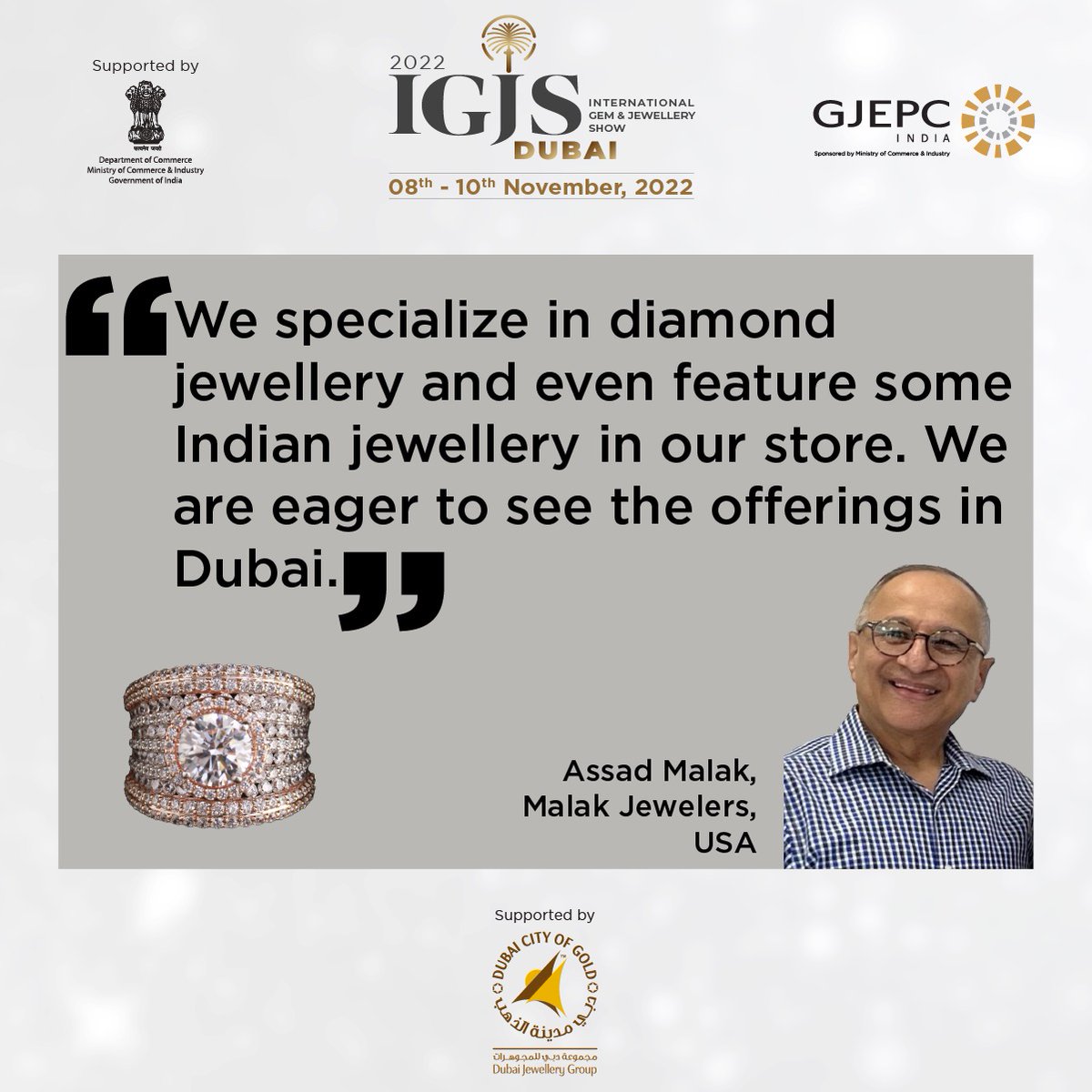GJEPCIndia's tweet photo. IGJS DUBAI- BUYER SPEAK
International buyers are very optimistic about the Indian market and the rising exports of plain & studded gold jewellery to UAE, and want to gain the maximum benefit from the tie-up.
To register, visit
https://t.co/TRMGLC2pNF
#IGJS #globalbuyers #GJEPC https://t.co/2a3duJeE0o