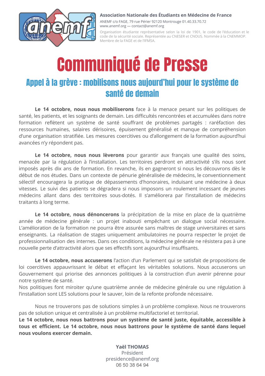 ANEMF's tweet image. 📣Appel à la #grève : mobilisons nous aujourd’hui pour le système de santé de demain

Proposit° de loi coercitives et #4eAMG face à la crise du syst de santé ? Parlement et Gouvernement ne proposent pas mieux ?
✊Mobilisons-nous !

@Sante_Gouv @sup_recherche @AssembleeNat @Senat