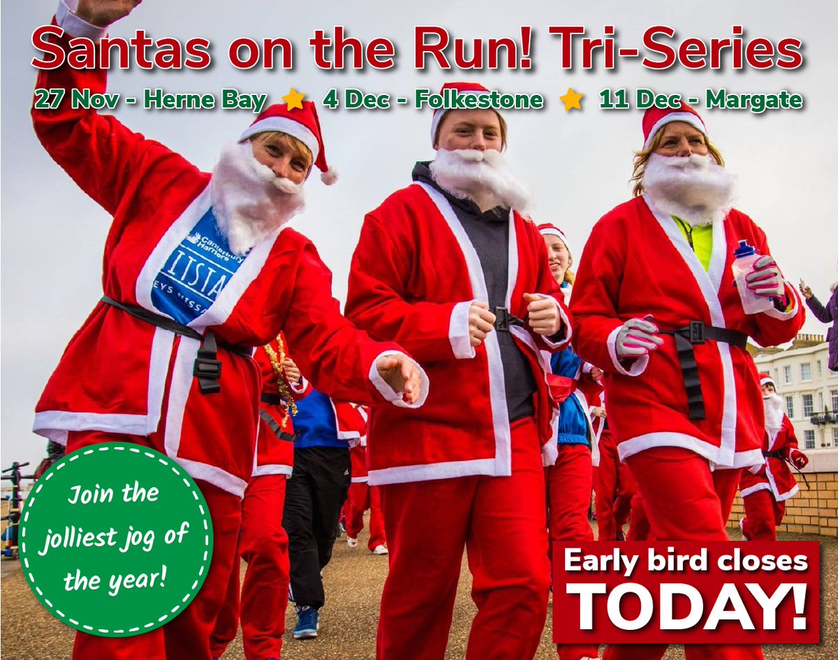 It's your last chance to save with Early Bird entry for our Santas on the Run! Tri-Series in #HerneBay, #Folkestone + #Margate. Join your local 3k or 5k festive fun run and raise vital funds for #PilgrimsHospices. Sign up today: pilgrimshospices.org/santa 🎅 🏃 💙 #PilgrimsSanta
