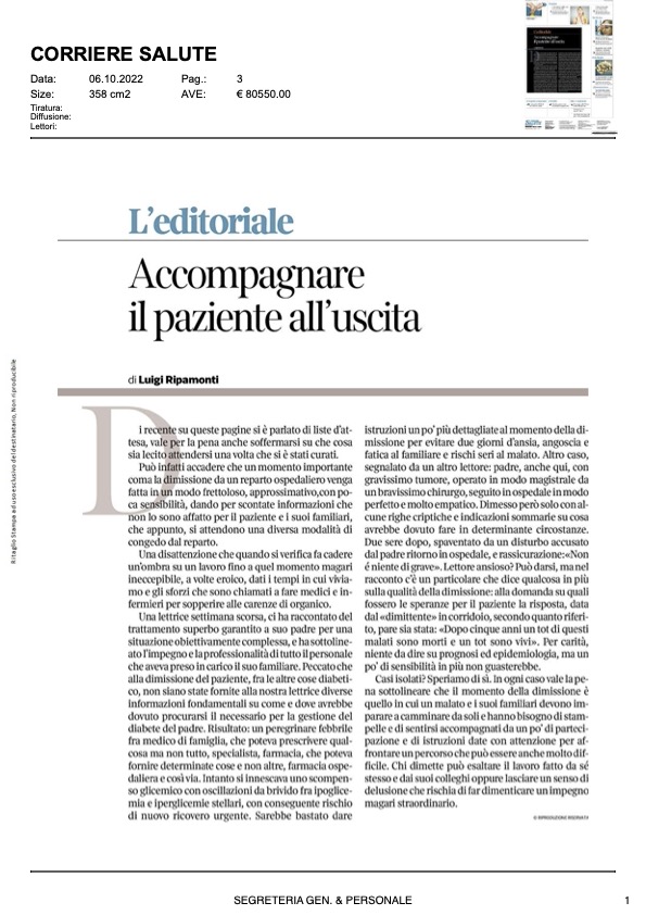parpinellivo's tweet photo. #Dimissioni dei pazienti? Oggi sono fatte in modo frettoloso, approssimativo, con poca sensibilità, spesso accompagnate da informazioni date per scontate ... e se pazienti e familiari si attendessero modalità più civili per congedarsi dai reparti? #LuigiRipamonti @Corriere_Salute https://t.co/5nJvjPWJcZ