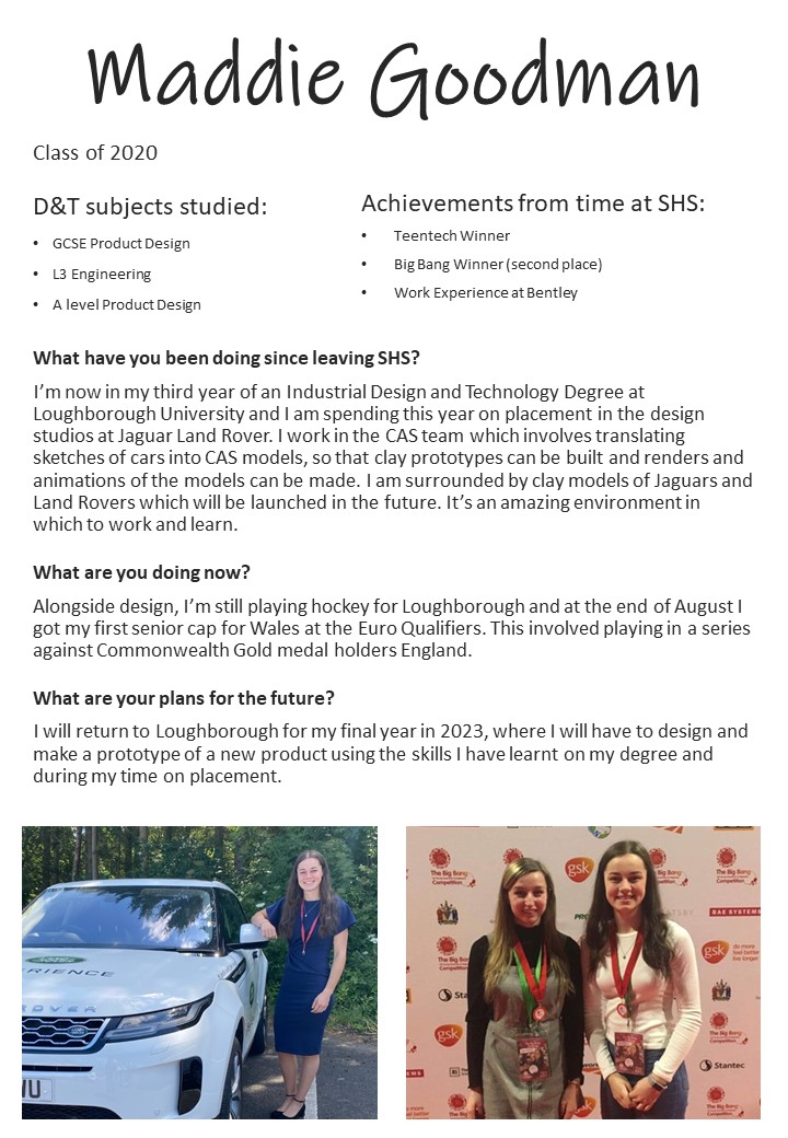 This week at @SandbachHigh we have been having assemblies about leadership and role models. Here from the class of '20 we have Maddie who is who is an inspiration. Read about what she has been up to at @LboroDesign @jaguarlandrover & @HockeyWales #womeninstem