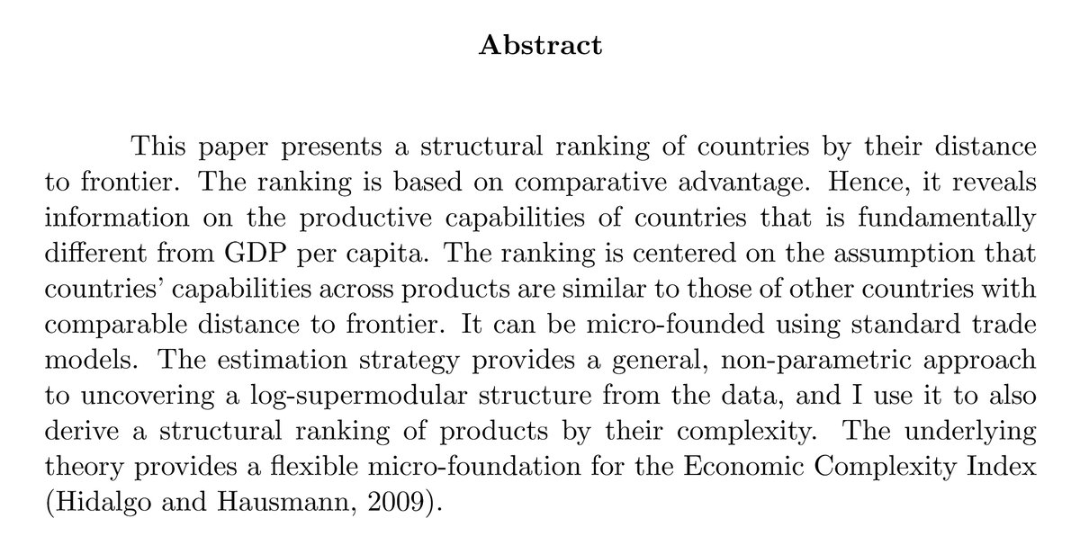 Excited to share a WP that proposes a structural ranking of countries by their distance to the technological frontier based on comparative advantage. The ranking provides information that is fundamentally different from GDP/cap.🧵 1/n @HarvardGrwthLab growthlab.cid.harvard.edu/publications/m…